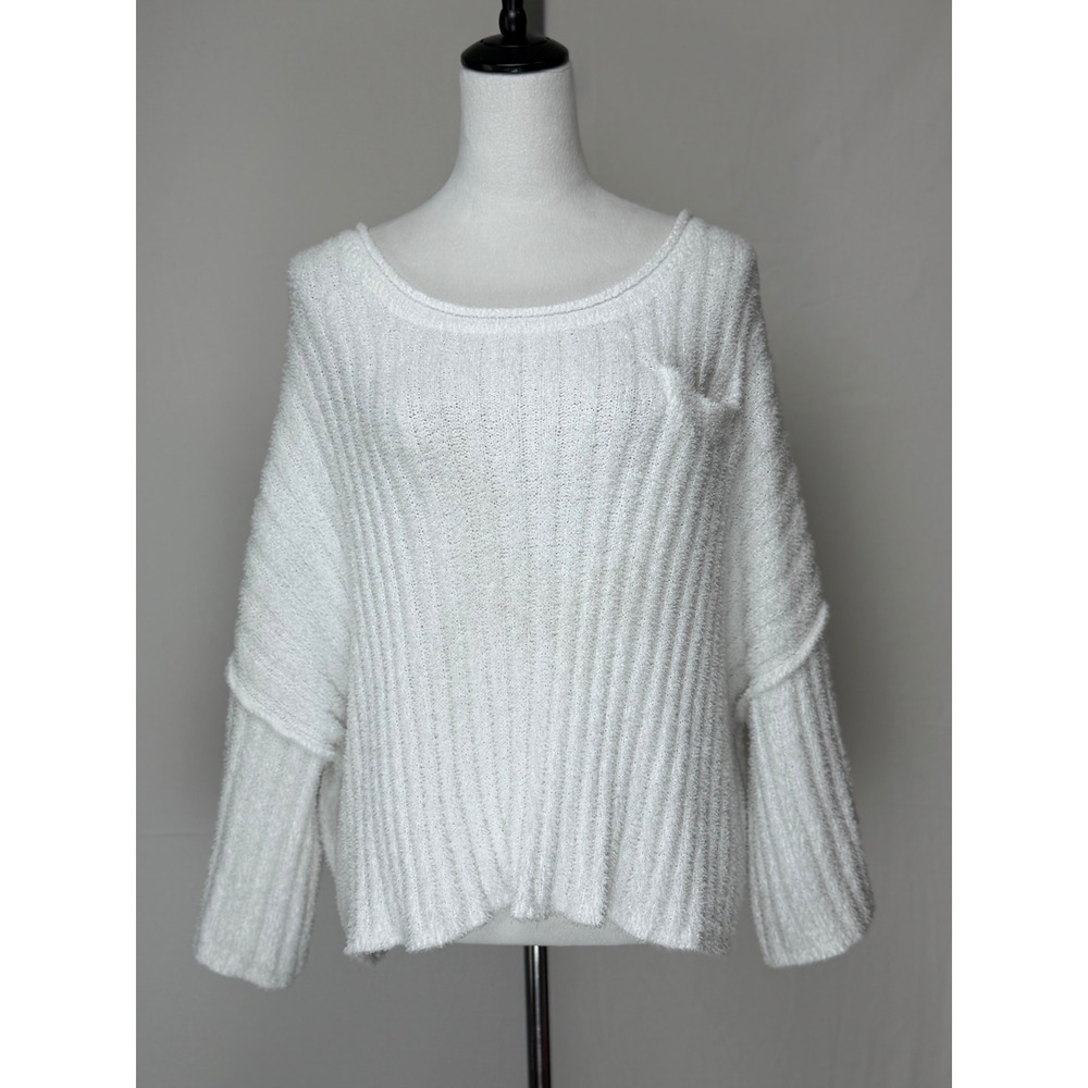POL Women Sweater S White Ribbed Boucle Knit Oversized Pocket YKT486
